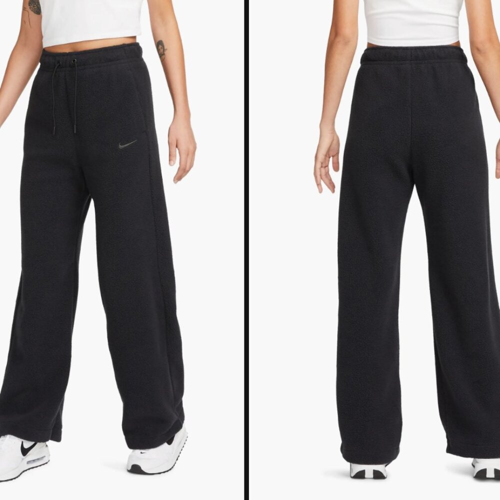 Nike Black Fuzzy Teddy Wide Leg Sweats Jogger High Rise Gym Comfy Athleisure XS